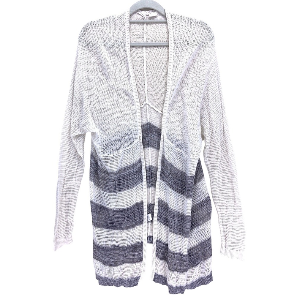Wild Pearl White Gray Striped Open Front Cardigan XL Cotton Open Knit Sweater